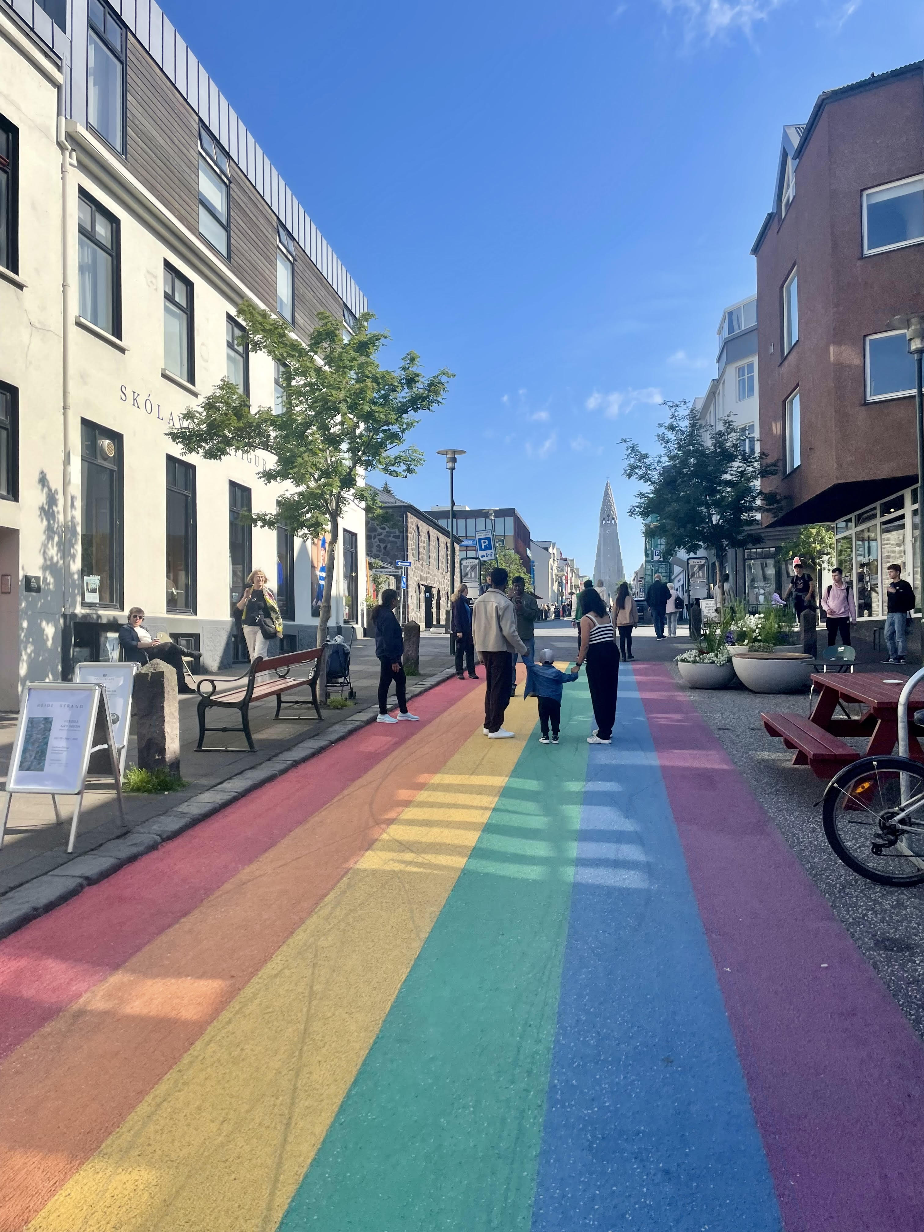 Rainbow-painted Skólavörðustígur street leading up to Hallgrímskirkja, Reykjavik